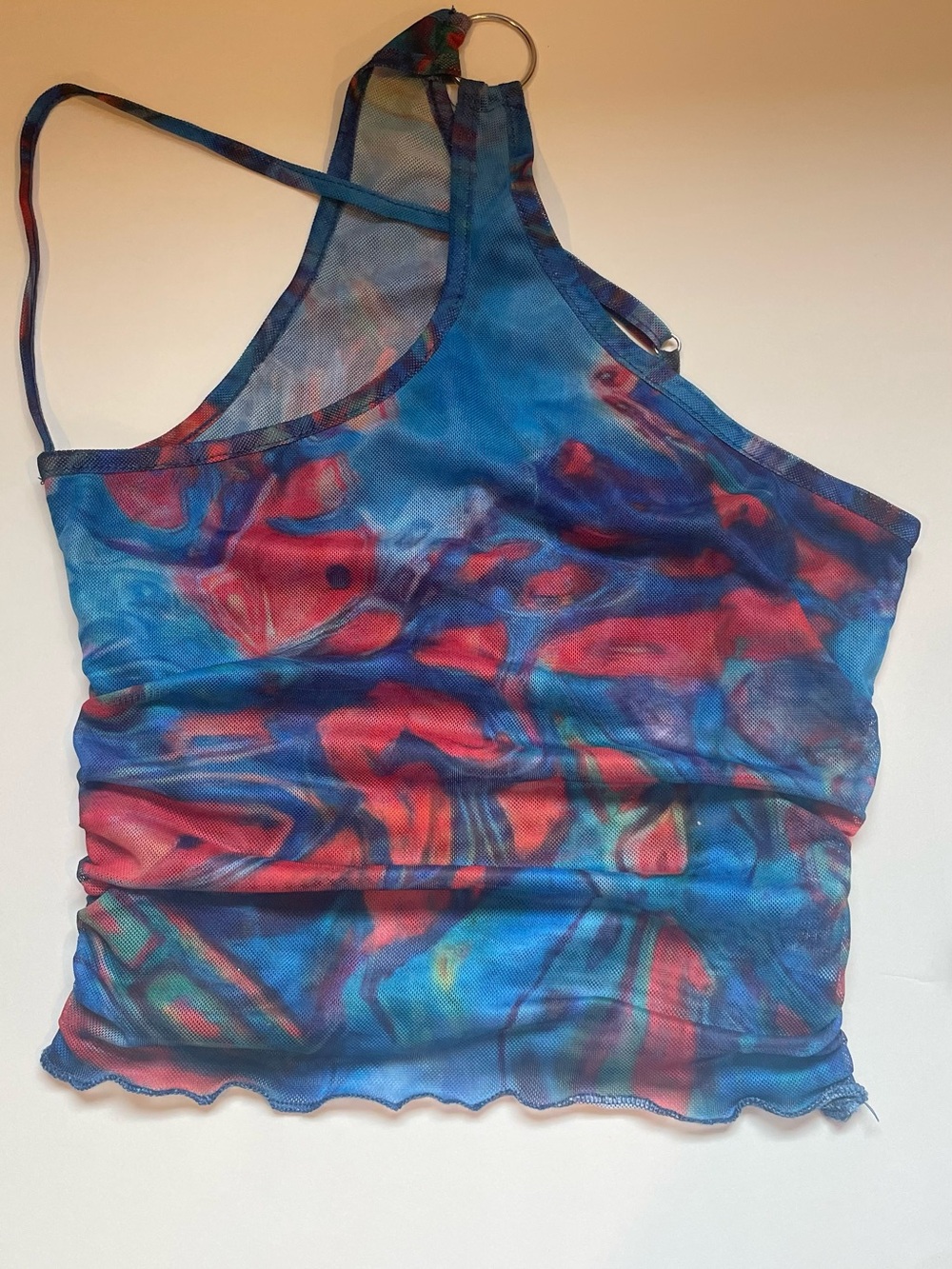 Blue Red Abstract Print Mesh Halter Crop Top Y2K Going Out